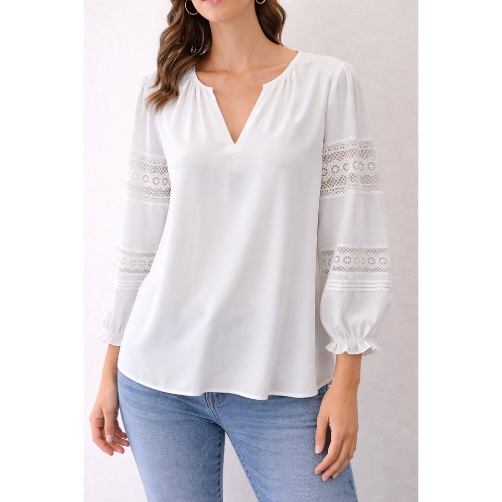 JOSEPH RIBKOFF NWT White Lace Sleeve Elegant Sheer V Neck Blouse Top | Size 6